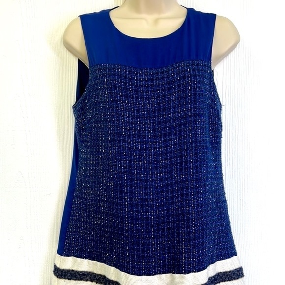 Boston Proper - Navy And Gold Tweed Striped Lined Sleeveless Midi Dress Size 4 - Picture 3 of 10